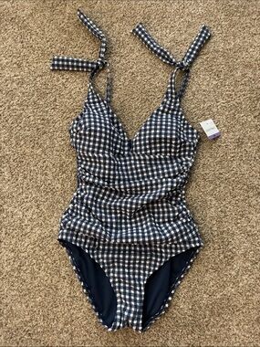 Ellen Tracy Navy and White Gingham One-Piece Swimsuit with Tie Straps - Women
